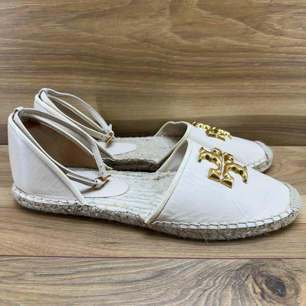 Tory Burch Eleanor Espadrille Flats 10 Cream Gold Logo Ankle Strap Resort Travel